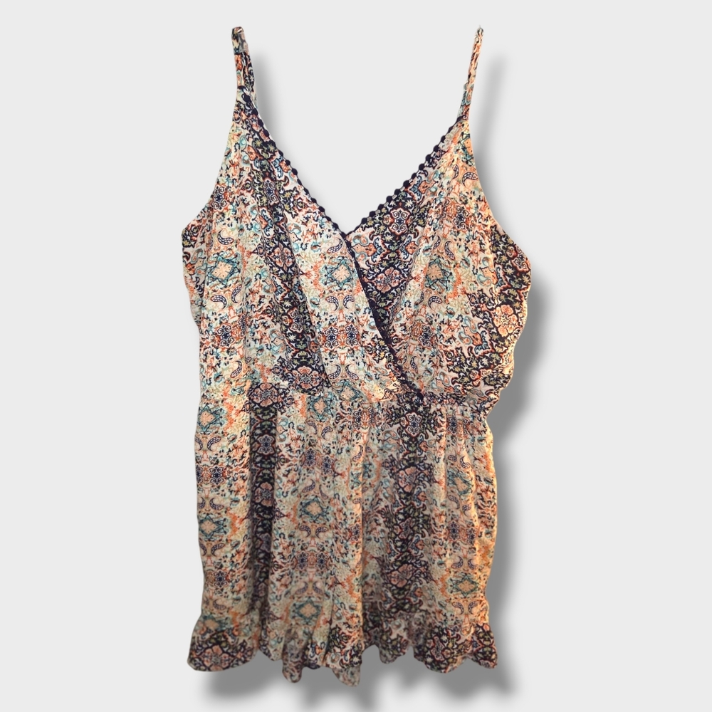 Trixxi | Women's Vintage Abstract Floral V-Neck Chiffon Romper | Size X-Large |